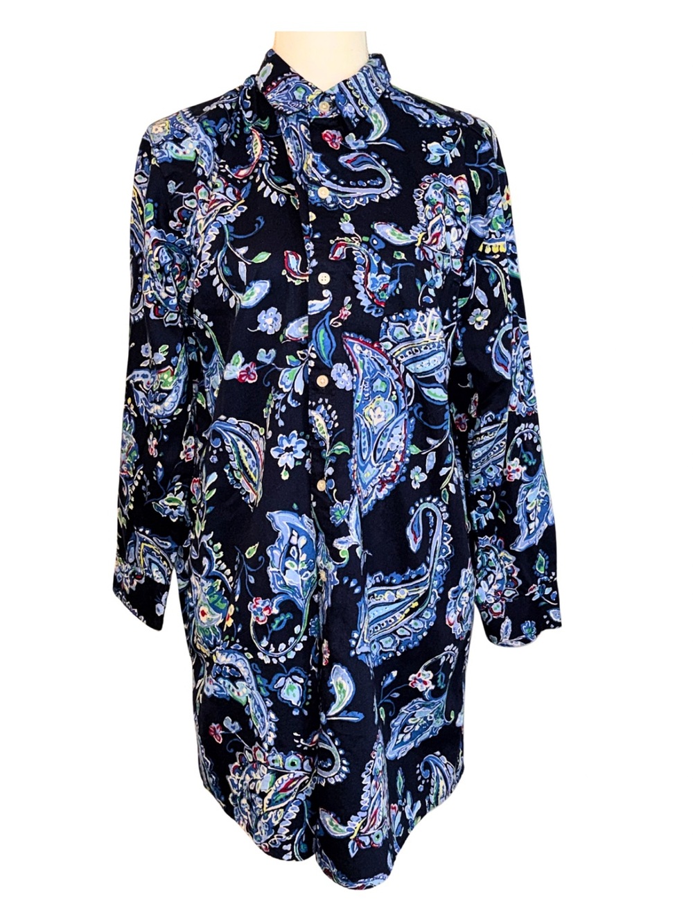 Lauren Ralph Lauren Paisley Button Front Tunic Shirt Navy Blue Women’s L